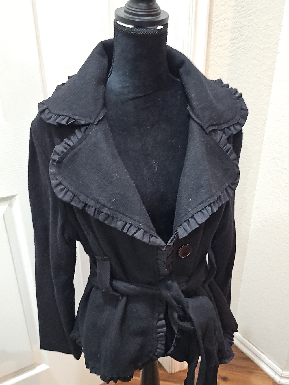 Black Ruffle Trim Tie-Waist Jacket - Women